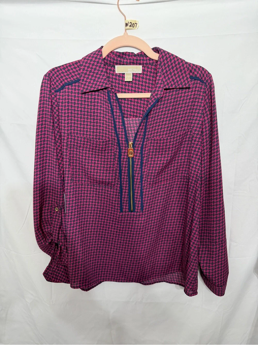 Women’s Michael Kors Pink Navy Geometric Zip Blouse Medium Roll Tab